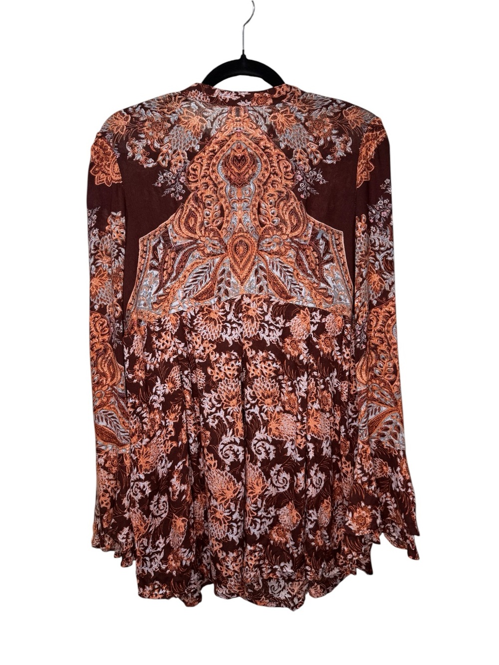 Free People Boho Paisley Tunic Top in Burgundy & Rust Orange Flare Sleeve Fairy